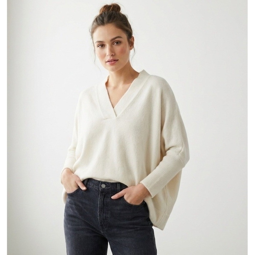 Anthropologie Slouchy V Neck Sweater Ivory Knit Womens Large New